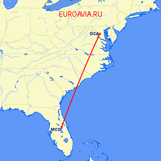 перелет Вашингтон — Орландо на карте