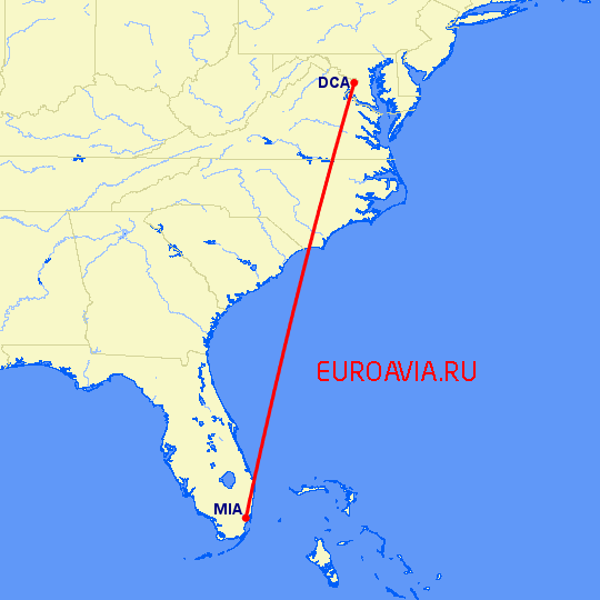 перелет Вашингтон — Майами на карте
