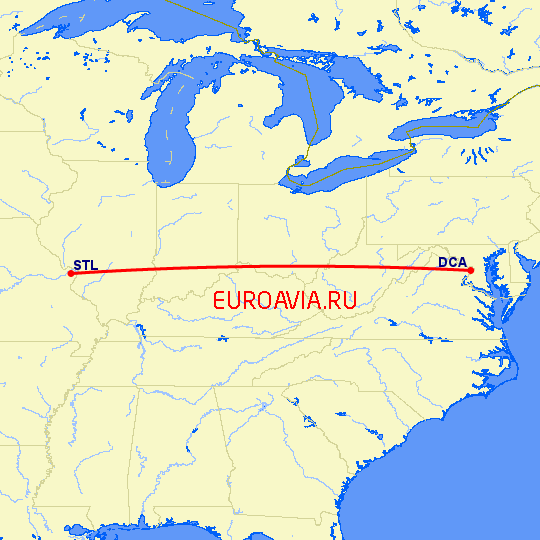 перелет Вашингтон — Сент Луис на карте