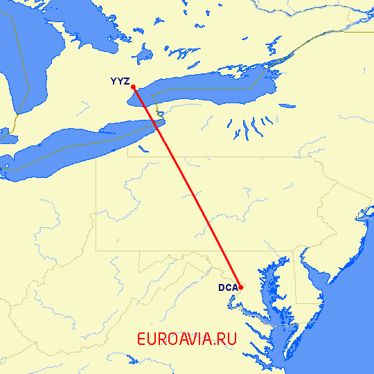 перелет Вашингтон — Торонто на карте