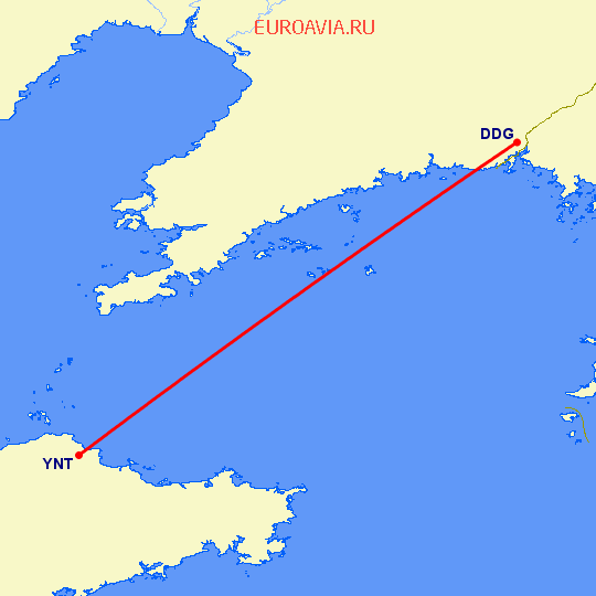 перелет Даньдон — Янтай на карте