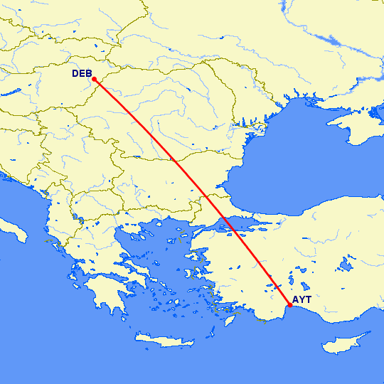 перелет Дебрецен — Анталия на карте