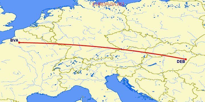 перелет Дебрецен — Париж на карте