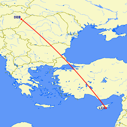 перелет Дебрецен — Ларнака на карте