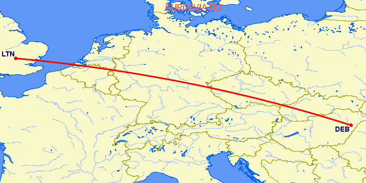 перелет Дебрецен — Luton на карте