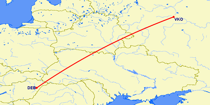перелет Дебрецен — Москва на карте