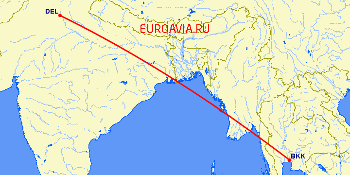 перелет Нью Дели — Бангкок на карте