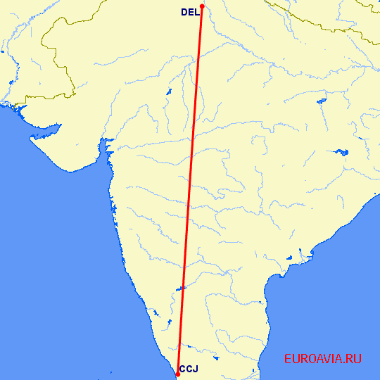 перелет Нью Дели — Kozhikode на карте