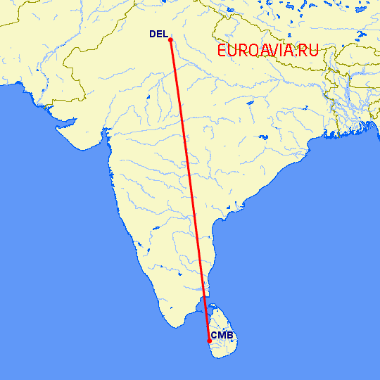 перелет Нью Дели — Коломбо на карте