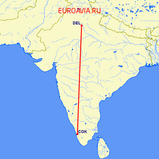 перелет Нью Дели — Кочи на карте