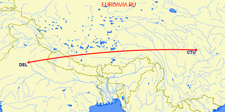 перелет Нью Дели — Ченгду на карте