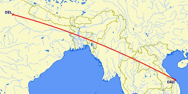 перелет Нью Дели — Да Нанг на карте