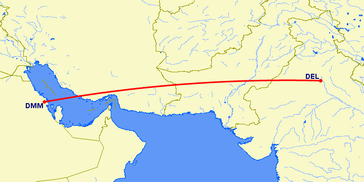 перелет Нью Дели — Даммам на карте