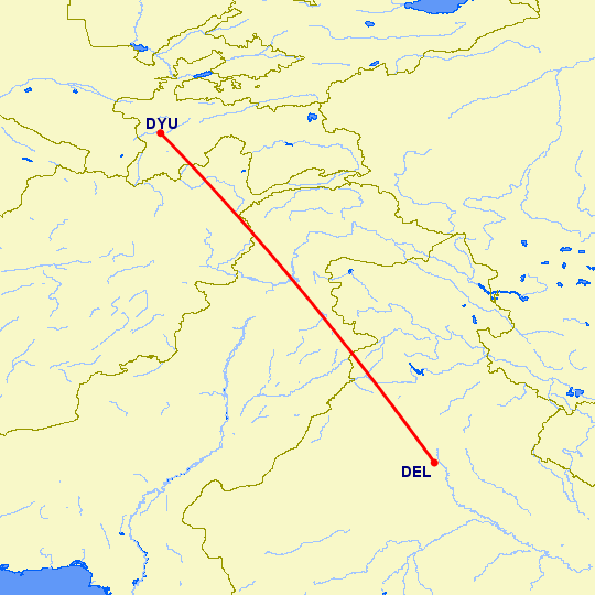 перелет Нью Дели — Душанбе на карте