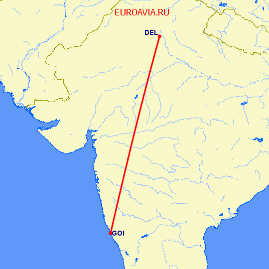 перелет Нью Дели — Гоа на карте