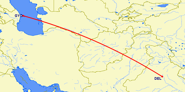 перелет Нью Дели — Баку на карте