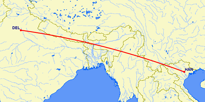 перелет Нью Дели — Ханой на карте