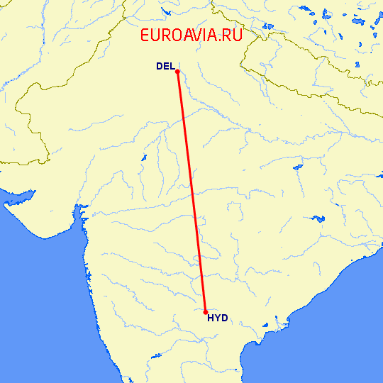 перелет Нью Дели — Хидерабад на карте