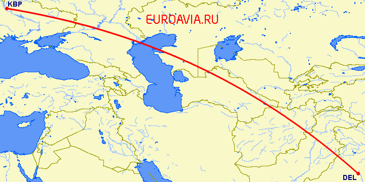 перелет Нью Дели — Киев на карте