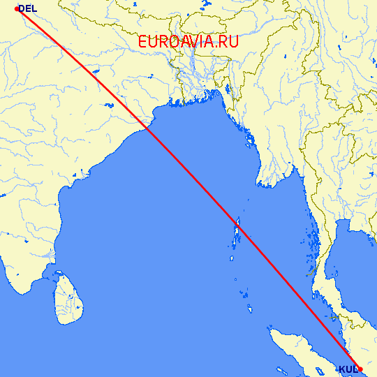 перелет Нью Дели — Куала Лумпур на карте