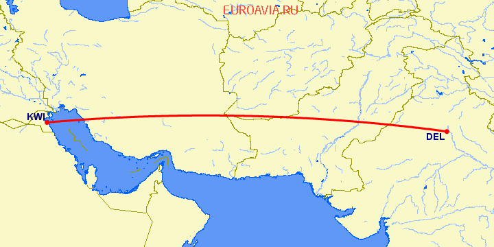 перелет Нью Дели — Кувейт на карте