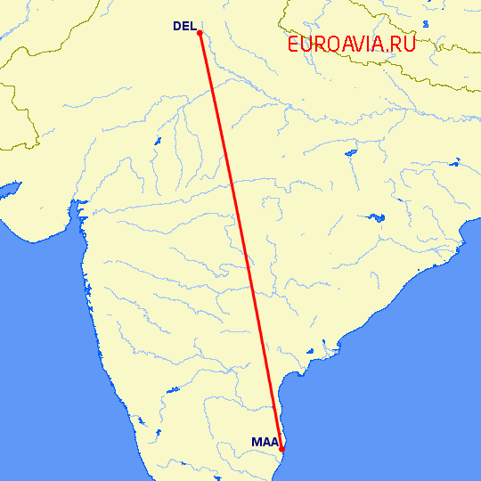 перелет Нью Дели — Мадрас Ченнай на карте