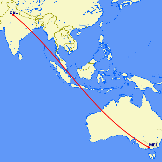 перелет Нью Дели — Мельбурн на карте