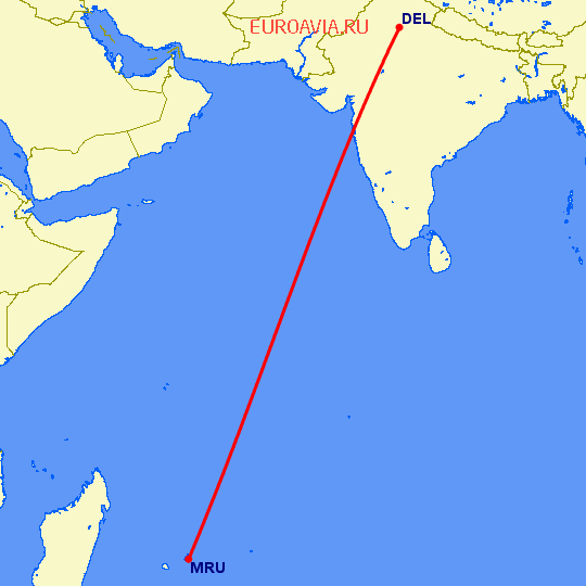 перелет Нью Дели — Порт Луис на карте