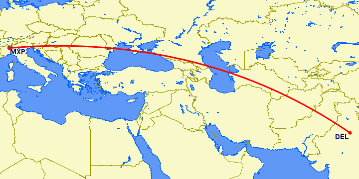 перелет Нью Дели — Милан на карте