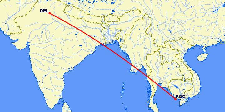 перелет Нью Дели — Пху Квок на карте