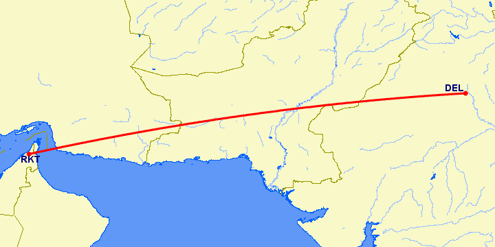 перелет Нью Дели — Рас аль Хайма на карте