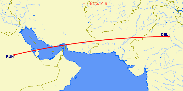 перелет Нью Дели — Эр Рияд на карте