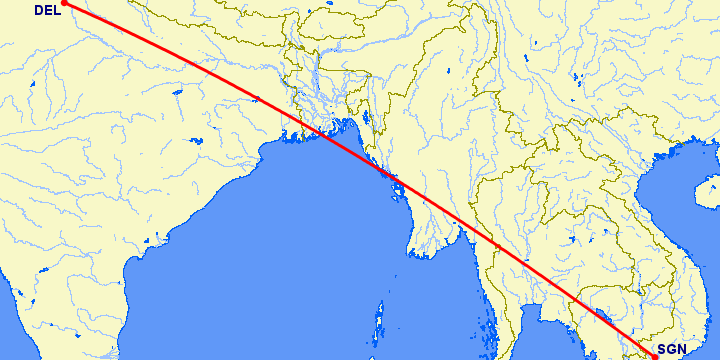 перелет Нью Дели — Хошимин на карте
