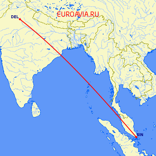 перелет Нью Дели — Сингапур на карте