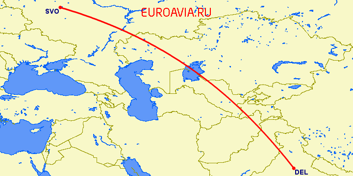 перелет Нью Дели — Москва на карте