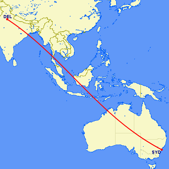 перелет Нью Дели — Сидней на карте