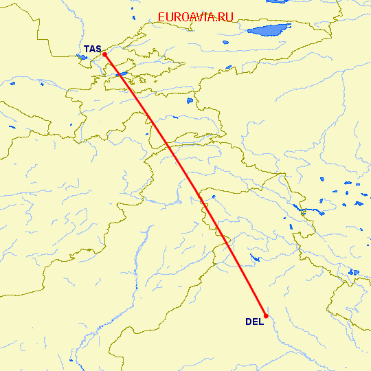 перелет Нью Дели — Ташкент на карте