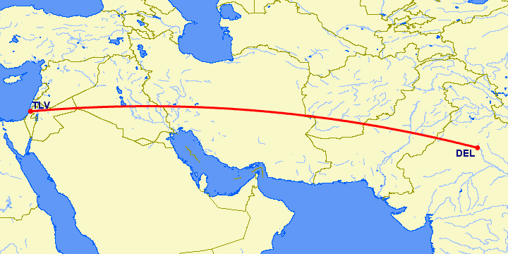 перелет Нью Дели — Тель Авив на карте