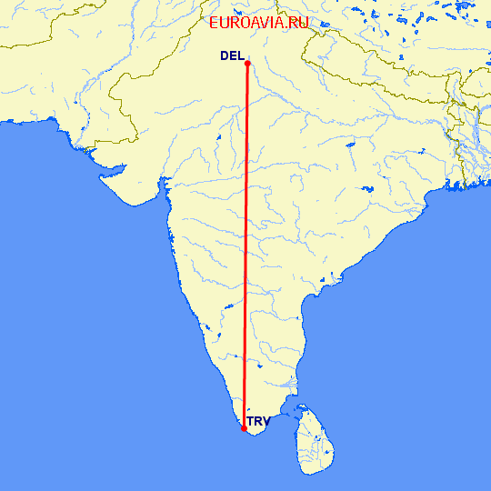 перелет Нью Дели — Тривандрум на карте
