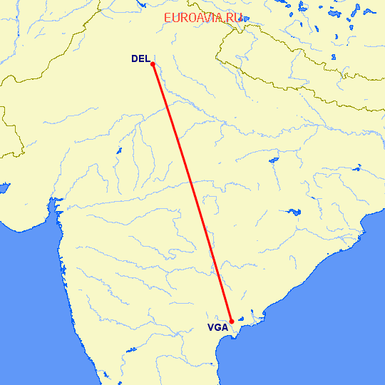 перелет Нью Дели — Виджаявада на карте