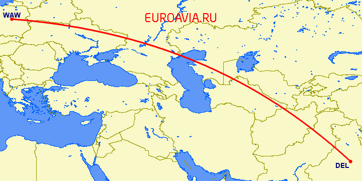 перелет Нью Дели — Варшава на карте