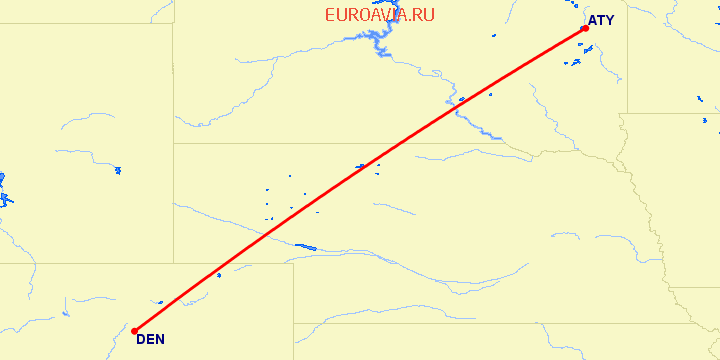 перелет Денвер — Уотертаун на карте
