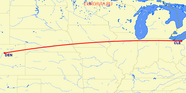 перелет Денвер — Кливленд на карте