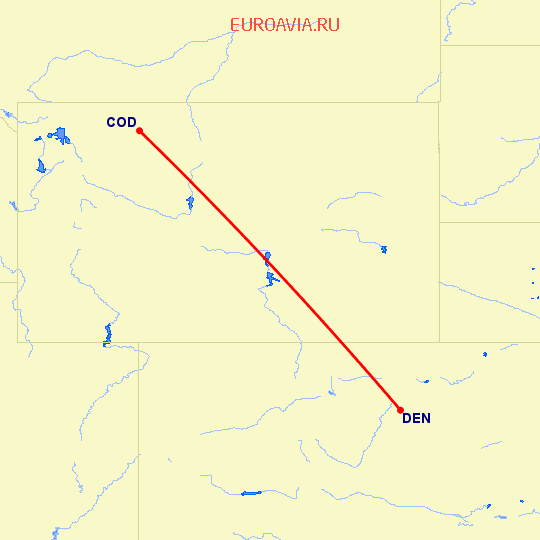 перелет Денвер — Cody-Yellowstone на карте