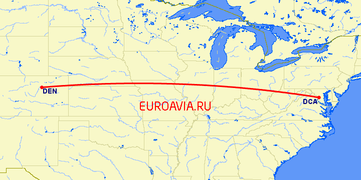 перелет Денвер — Вашингтон на карте