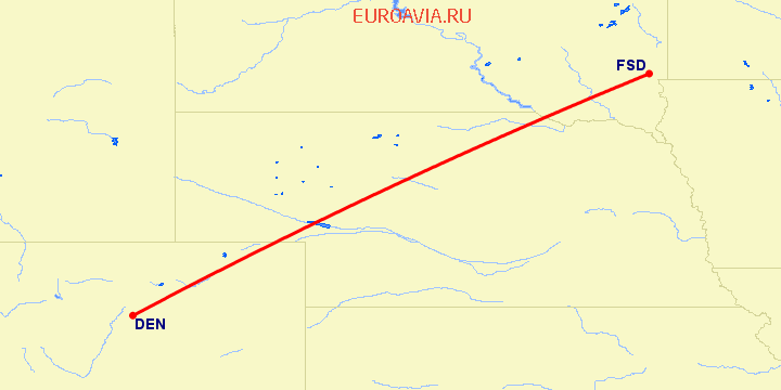 перелет Денвер — Sioux Falls на карте