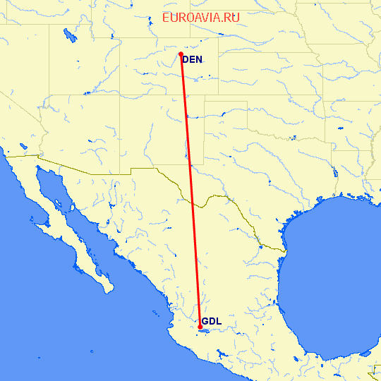 перелет Денвер — Гуадалахара на карте