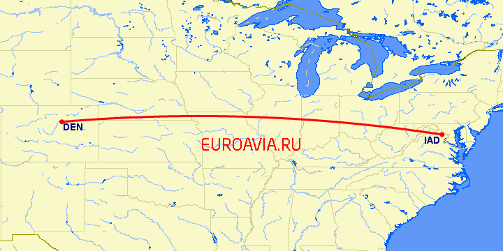 перелет Денвер — Вашингтон на карте