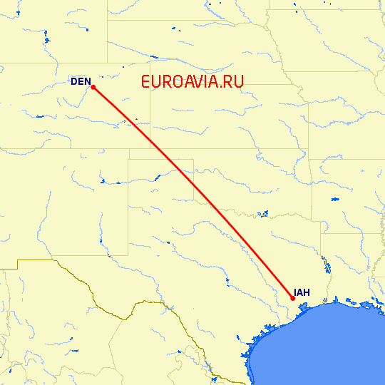 перелет Денвер — Хьюстон на карте