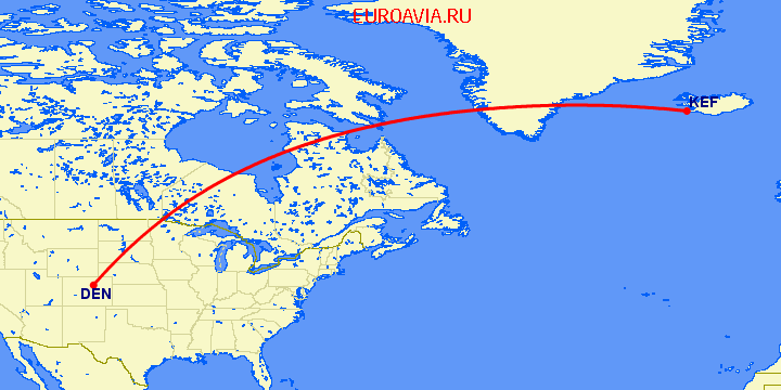 перелет Денвер — Рейкьявик на карте
